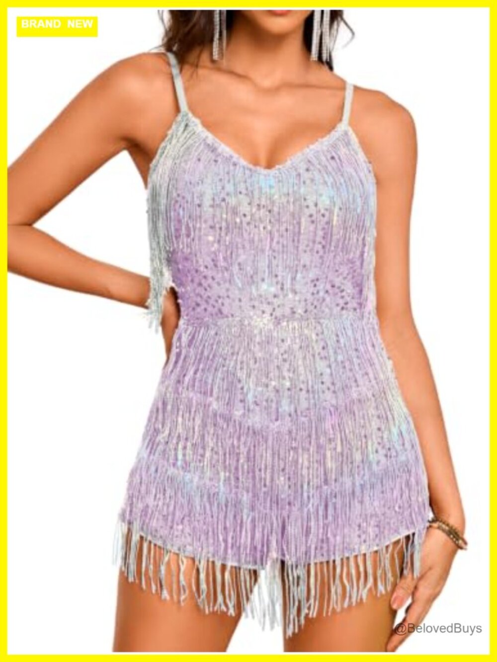 Kaei&Shi Sparkly Fringe Romper Sexy Backless Sequin Disco Outfit